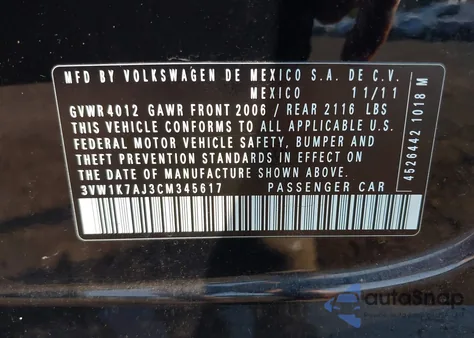 2012 Volkswagen Jetta S from USA, damaged, VIN 3VW1K7AJ3CM345617